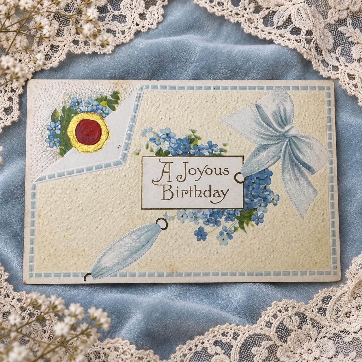 Antique 1910s Birthday Postcard Forget Me Nots Blue Bow Seal Embossed