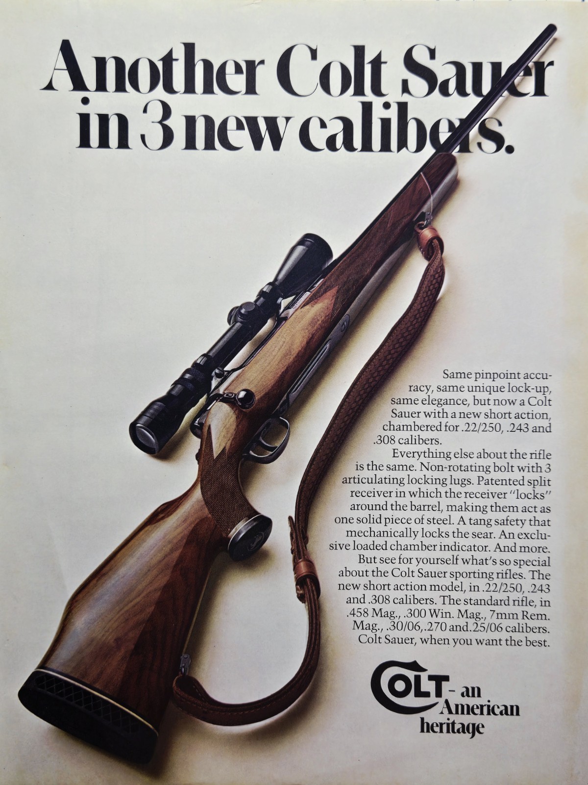 Colt Sauer Rifle Print Ad 1974 - 3 New Calibers .22/250 .243 .308 Scope Sling