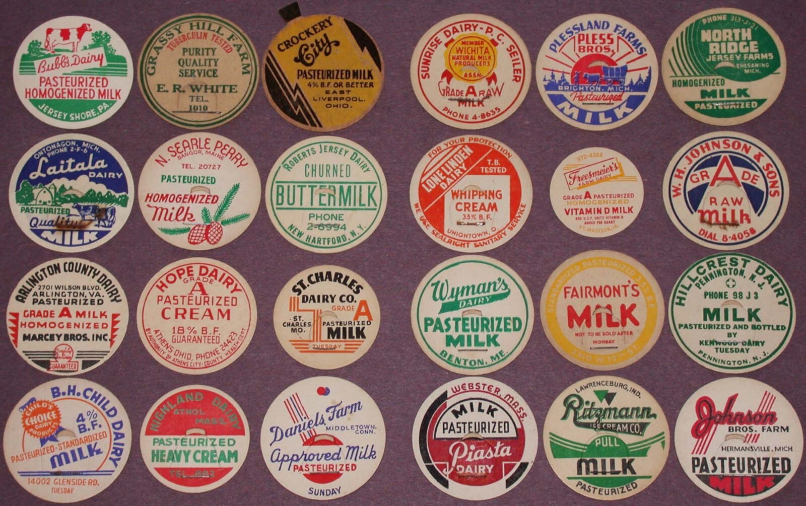 Vintage milk bottle caps LOT OF 24 DIFFERENT originals #30 unused new old stock