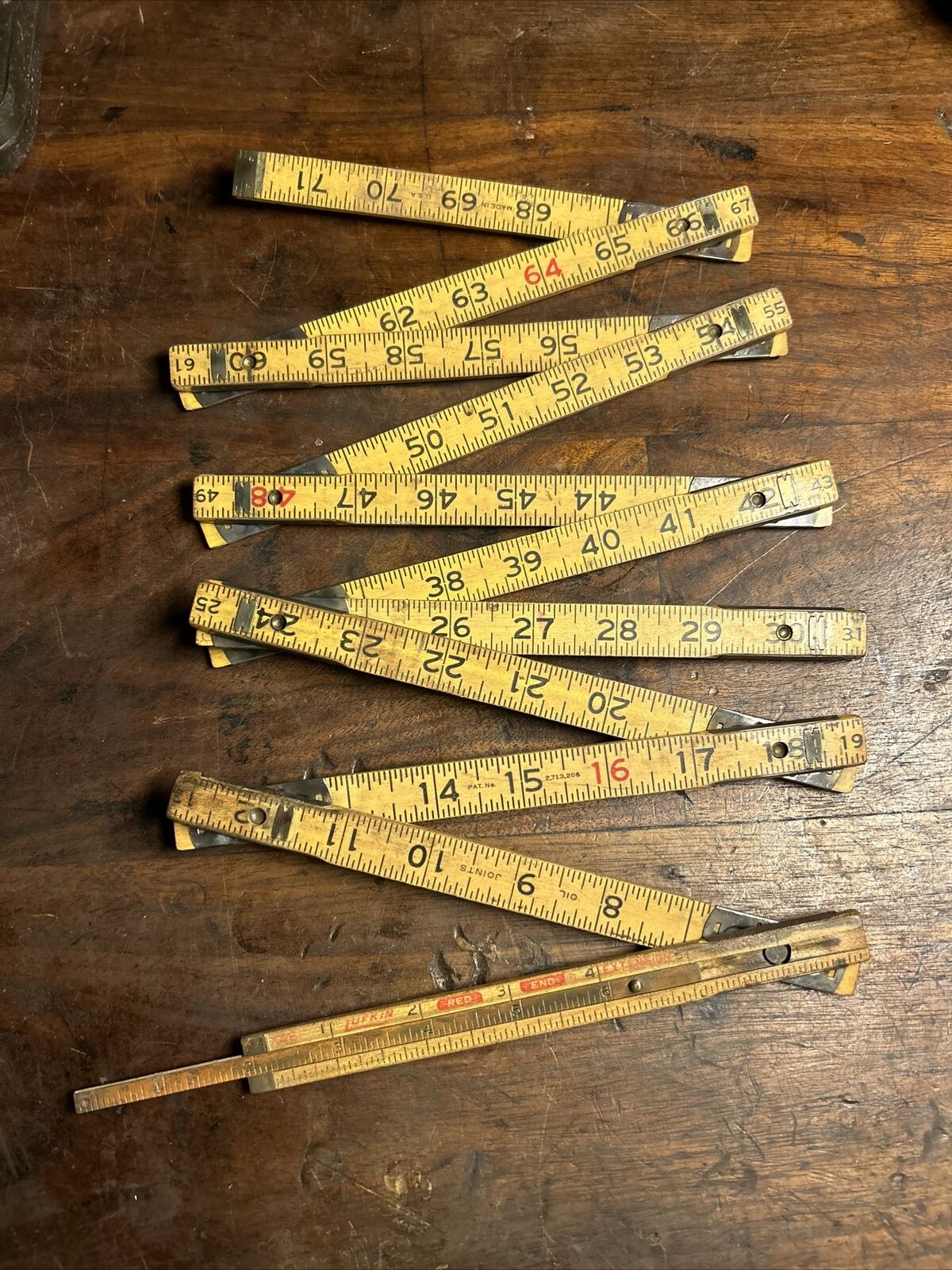 Vintage Lufkin Red End Folding Wooden Ruler x46F Brass Extension Made in USA 72”