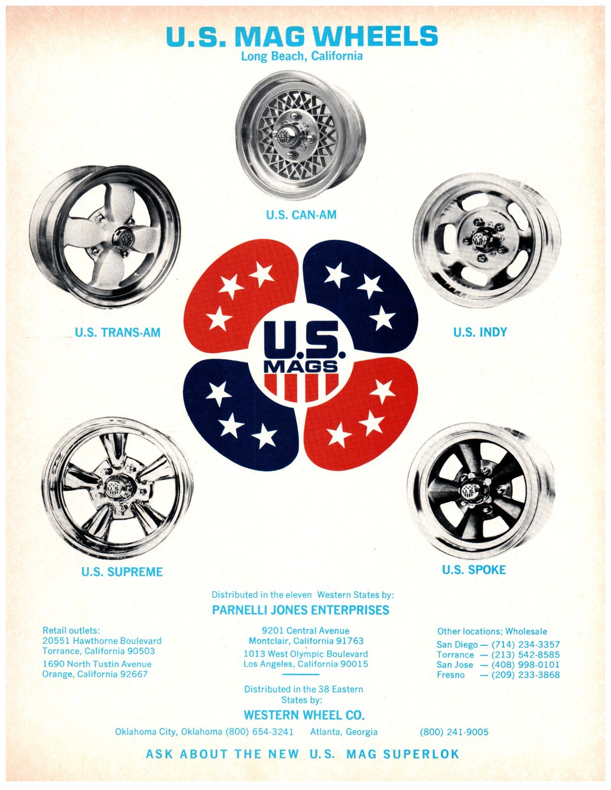 1973 PRINT AD, US MAG Wheels Long Beach Parnelli Jones Locations 70\'s Rims Ad