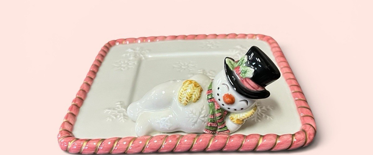 Fitz & Floyd Frosty Folks Snowman Candy Dish Trinket Tray Snowflakes Candy Cane