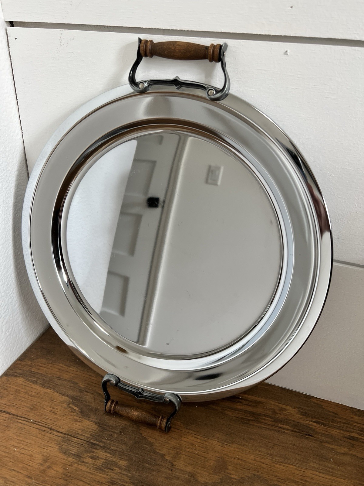 Vintage Chrome Serving Tray Features Polished Chrome And Distinctive Dark Brown 