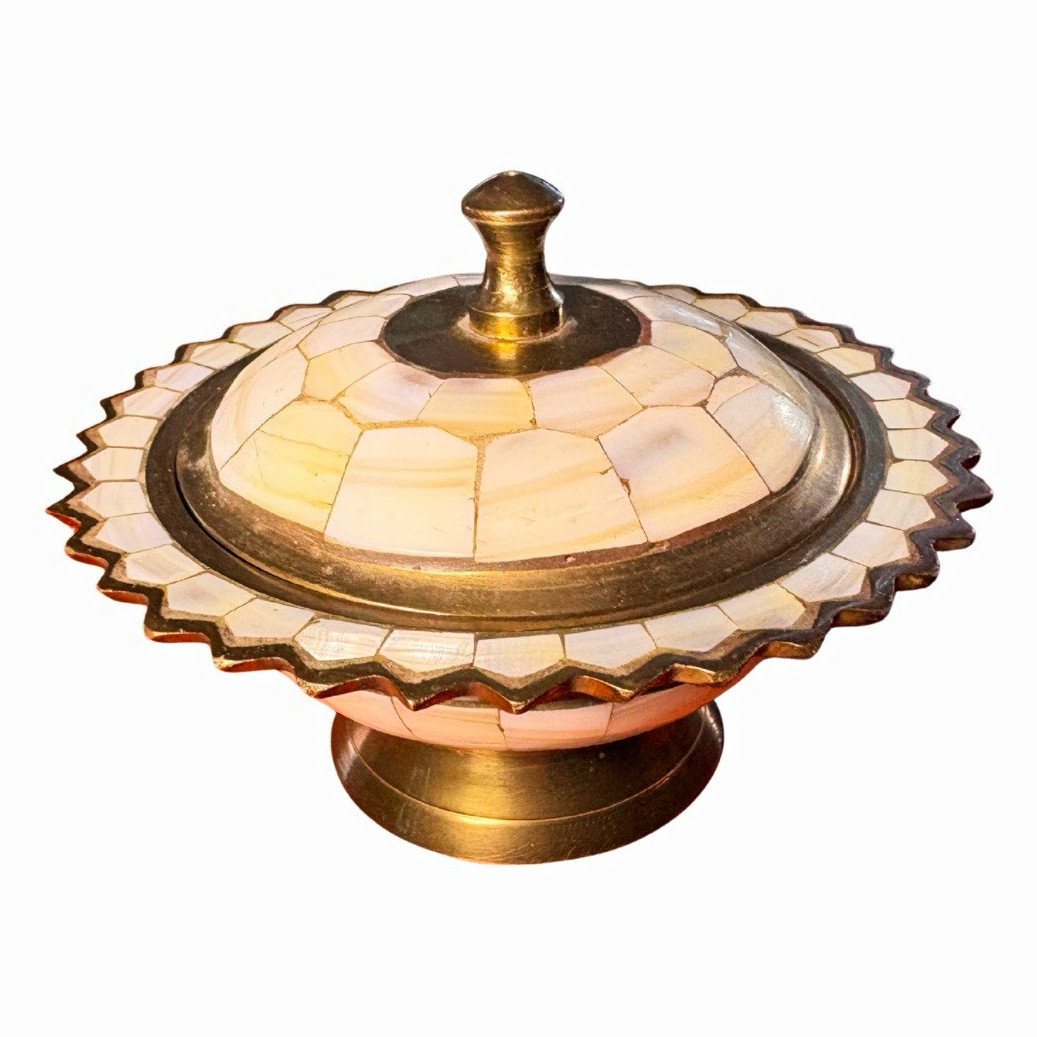 Vintage Moorish Brass Mother of Pearl Inlay Footed Lidded Bowl Sawtooth Rim Vintage Moorish Brass Mother of Pearl Inlay Footed Lidded Bowl Sawtooth Rim