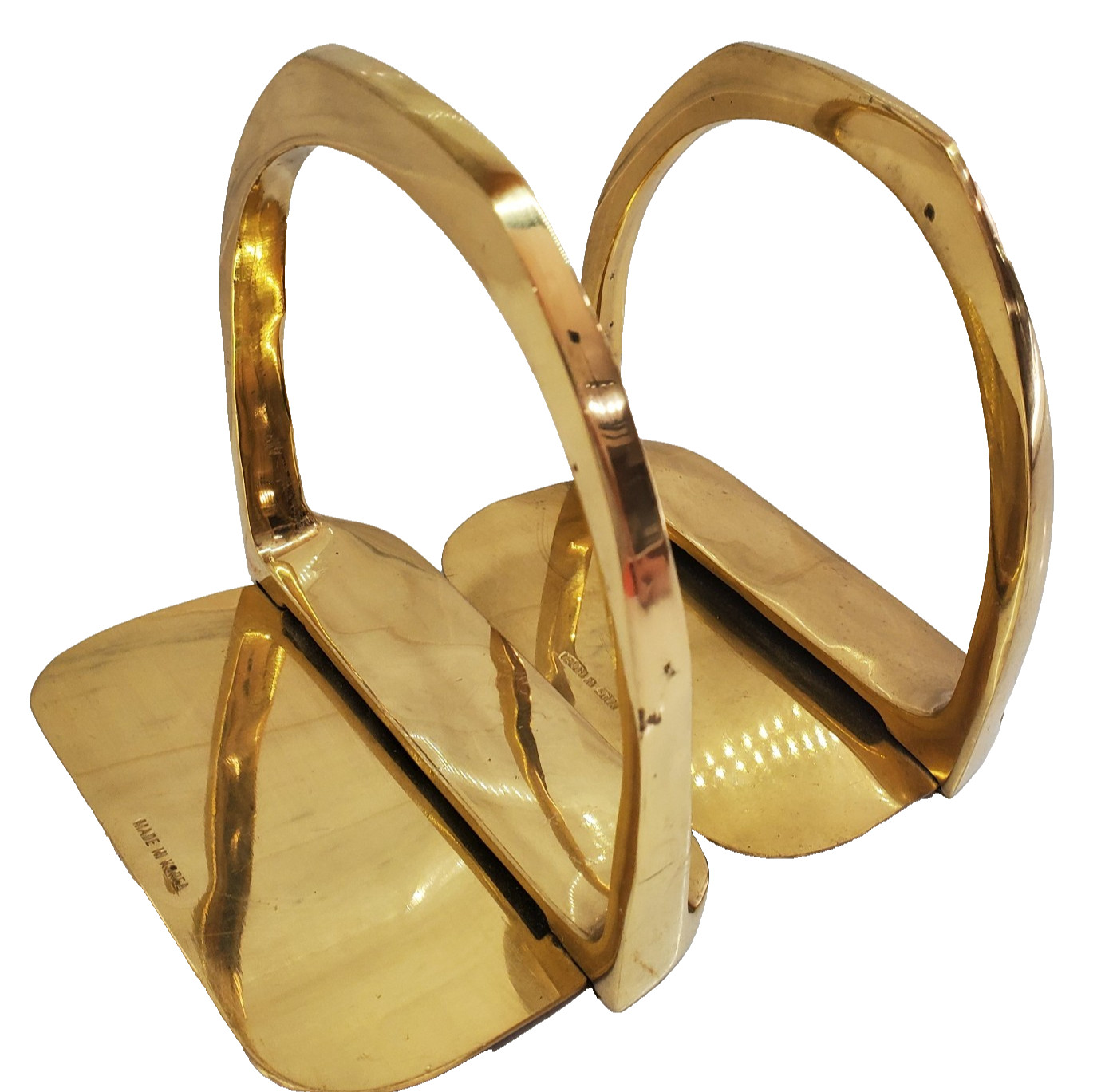 1970s Korean Solid Brass Horse Saddle Stirrup Style Bookends Set Velvet Bottoms