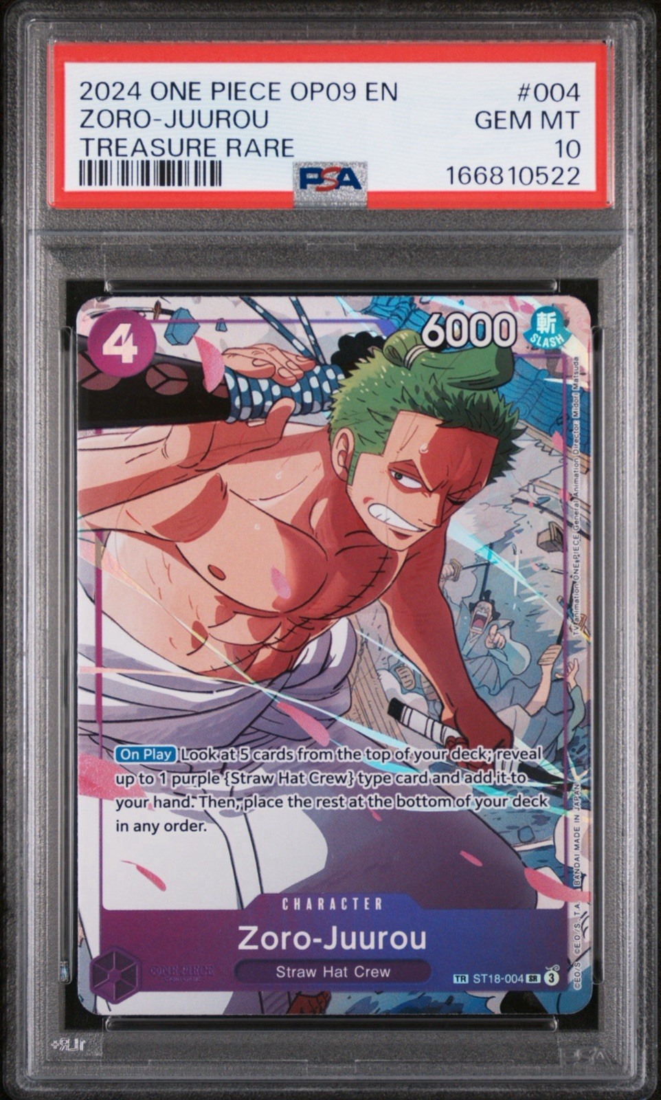 2024 ONE PIECE OP09 #004 ZORO-JUUROU TREASURE RARE PSA 10 GEM MINT