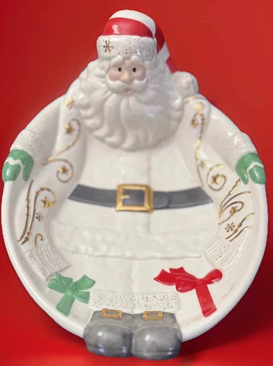 Lenox Occasions Holiday Santa Treats Dish Porcelain Christmas Bowl 9.5 Gold Trim