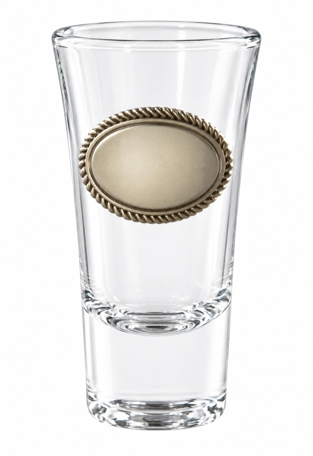 Shot glass, high quality optical crystal. NIB PEWTER badge in gift box.