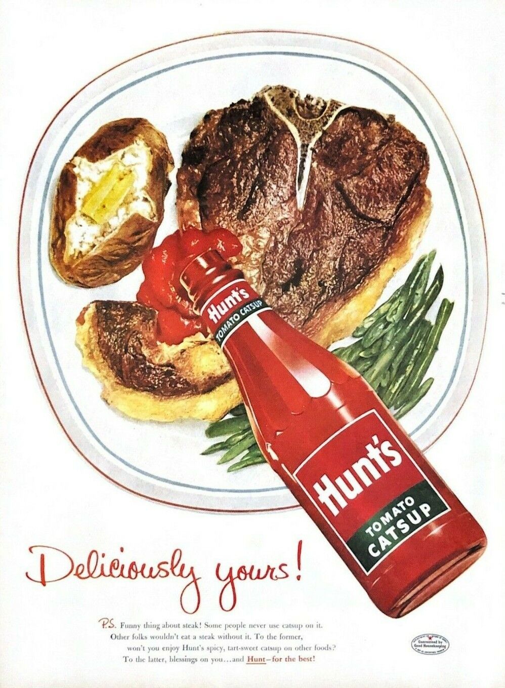 1955 Hunt's Tomato Catsup Vintage Print Ad Steak Baked Potato Deliciously Yours 