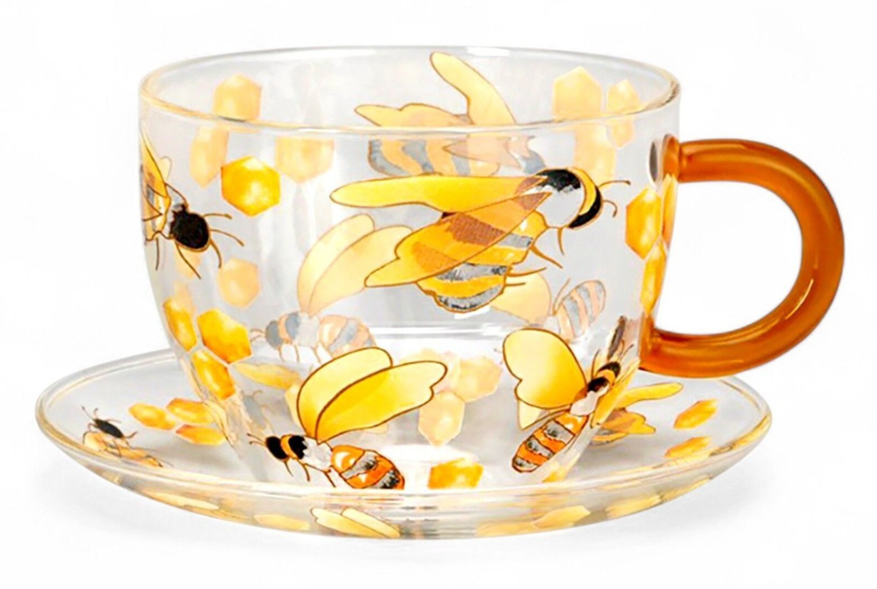 STPGOODS Honey Bee Glass Teacup with Saucer Set 12 oz Tea Cup