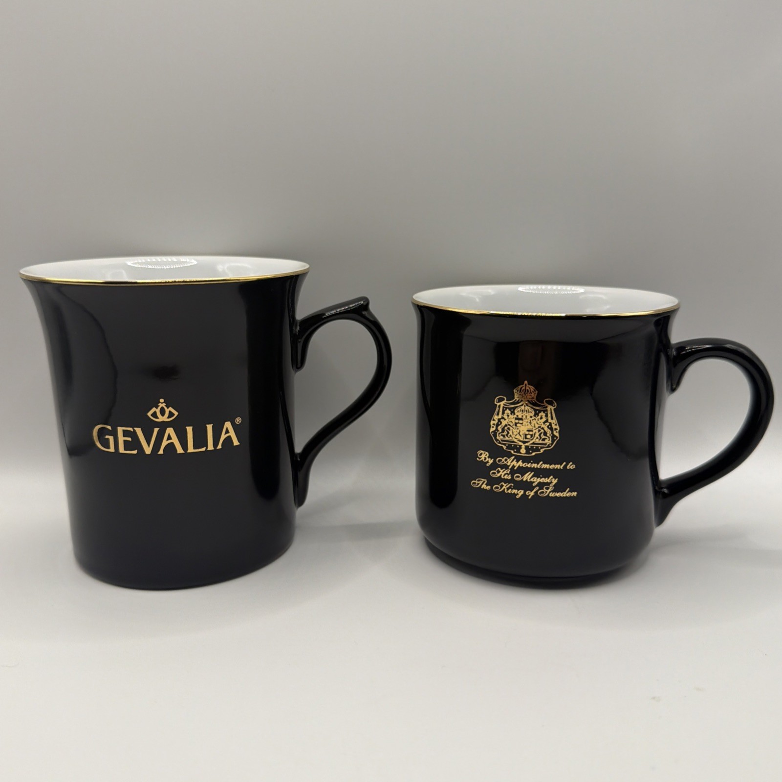 Vintage Swedish Gevalia Kaffe Coffee Cups 2 Black Gold Logo Mugs Royal Crest