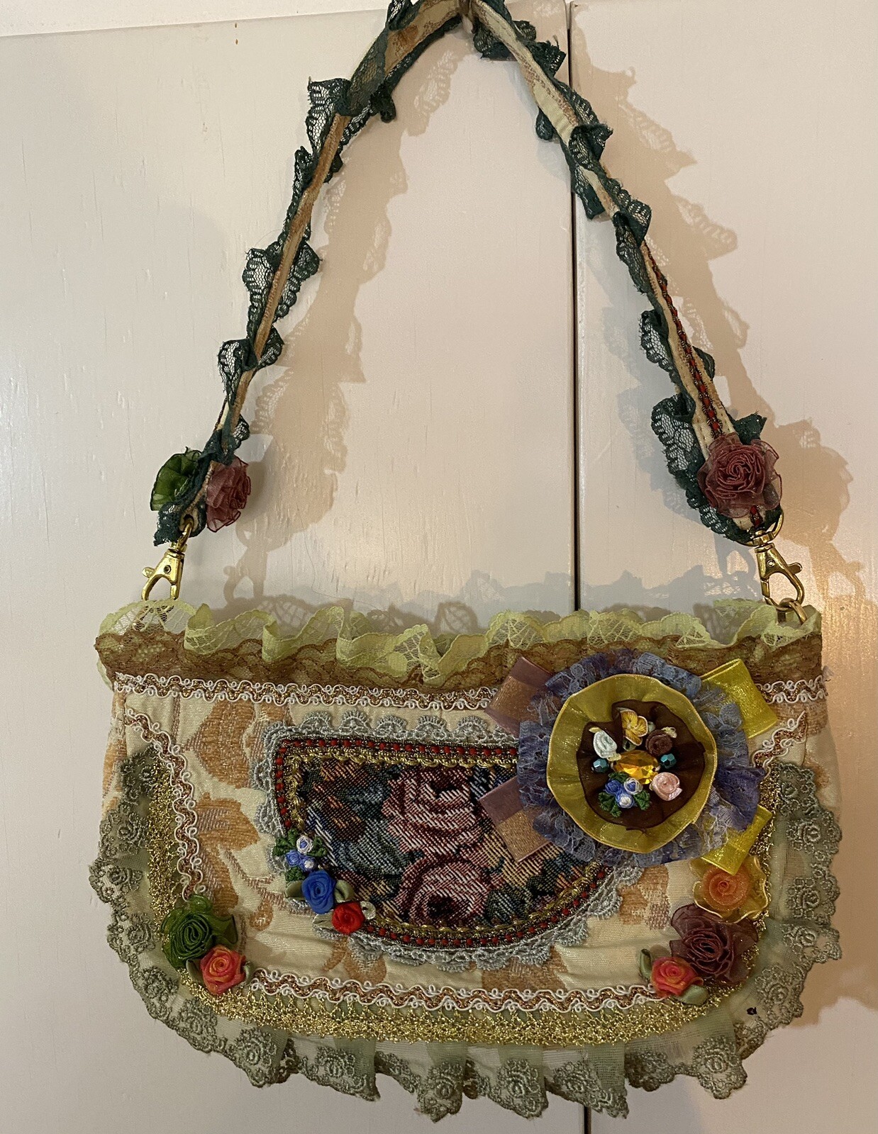 VTG Romantic Frilly Ruffled Boho Brocade Purse Handbag Roses Detachable Strap VTG Romantic Frilly Ruffled Boho Brocade Purse Handbag Roses Detachable Strap