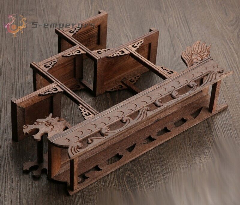 Natural Wenge Wood Carved Dragon Boat Stand Shelf Pot Statue Vase Art Display