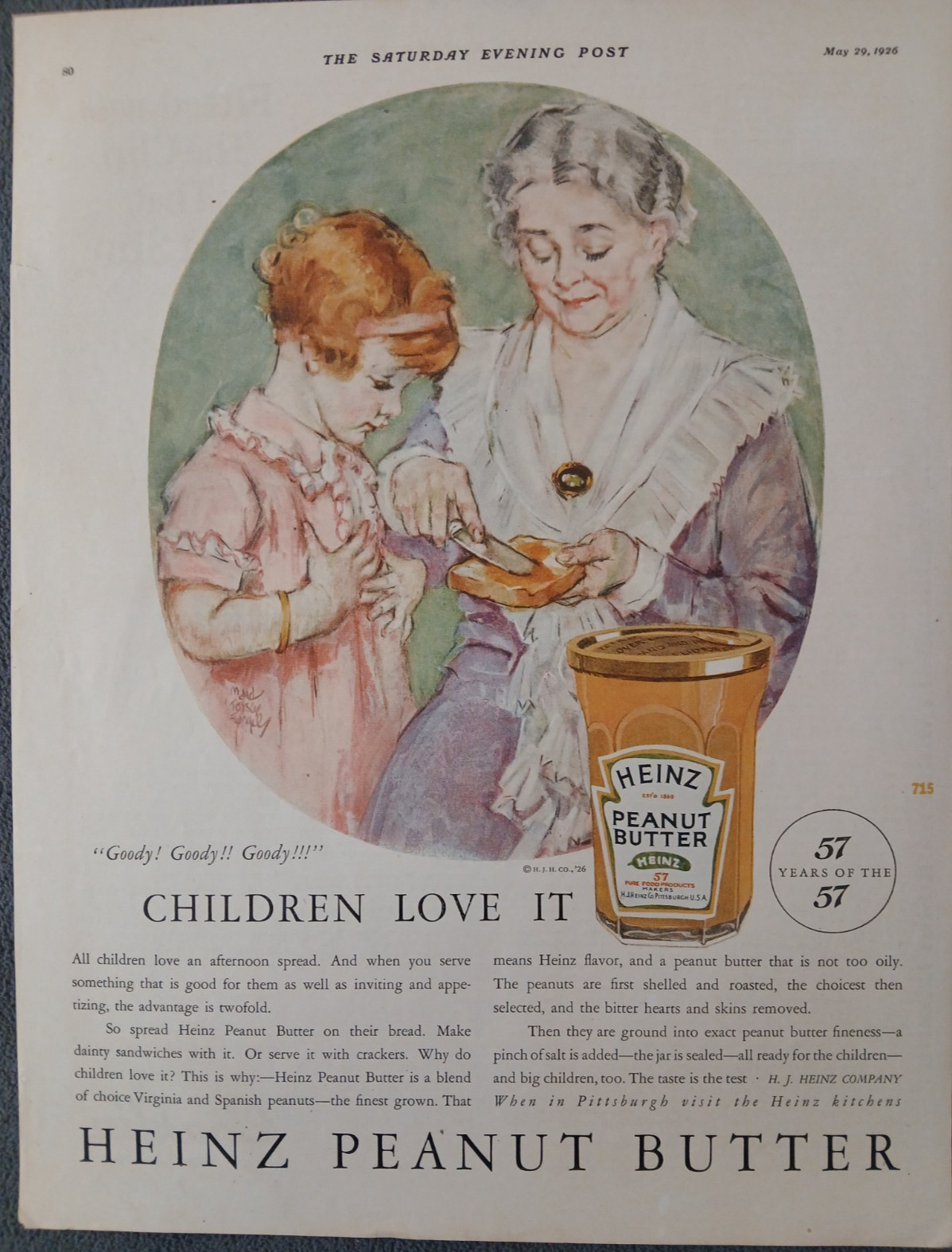 Vintage 1926 Heinz Peanut Butter Saturday Evening Post Print Ad Children Love It