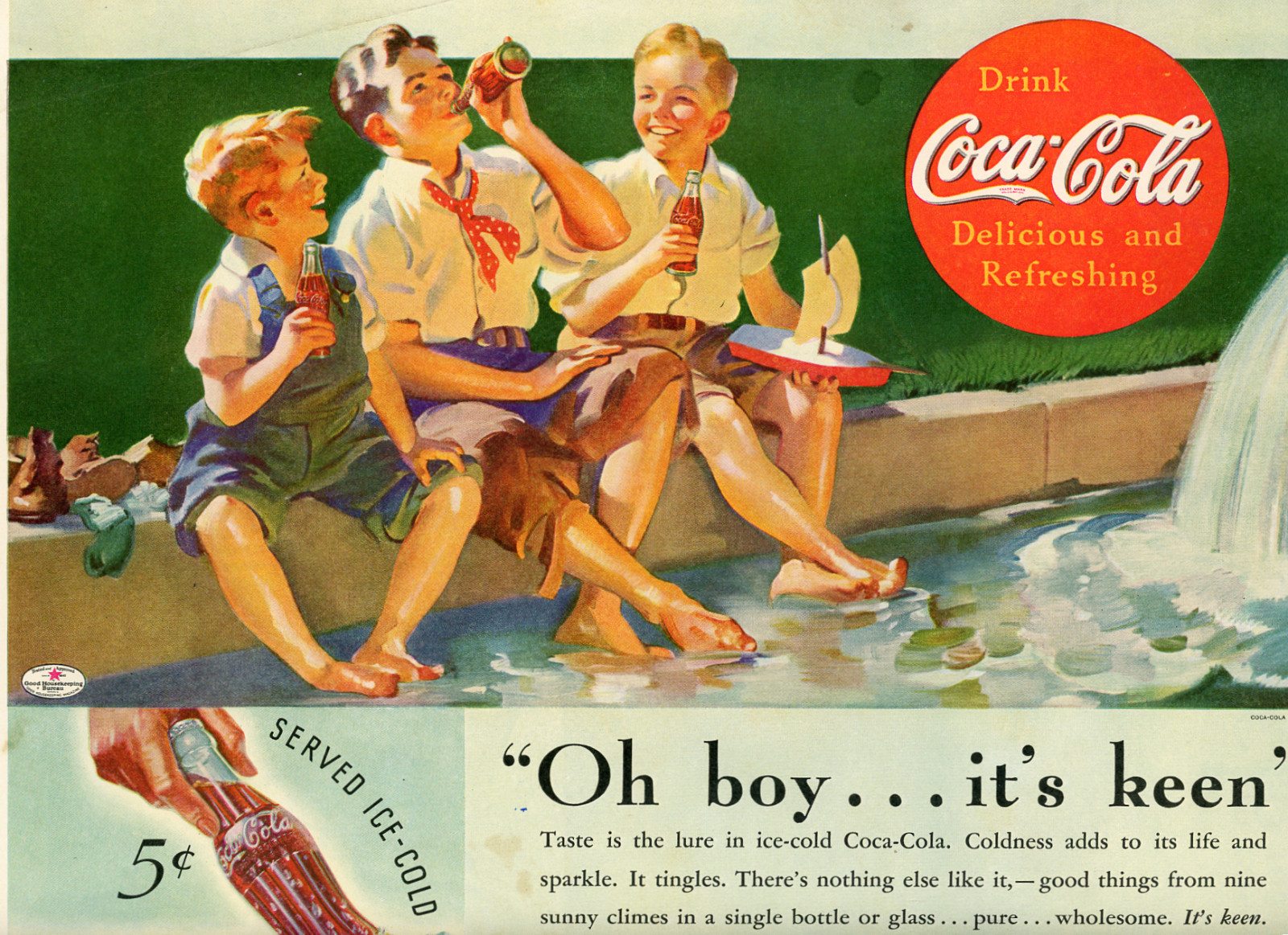 1935 Original Coca Cola Ad.  Boys Cooling Off With Their Feet In A Fountain