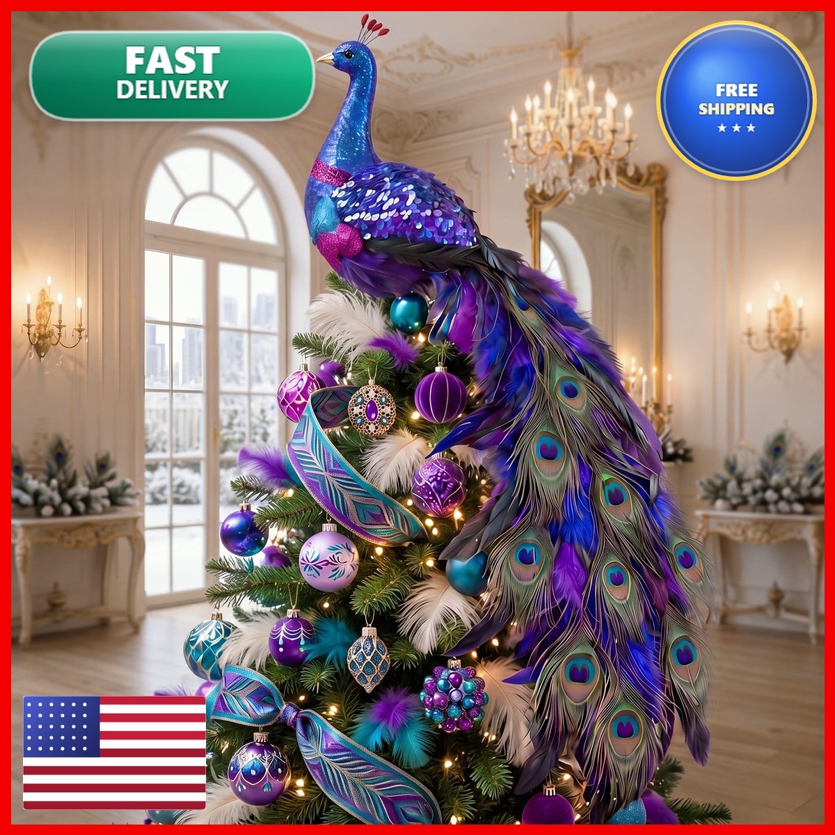 Roowest 18 Inch Peacock Christmas Tree Topper Feather Ornament