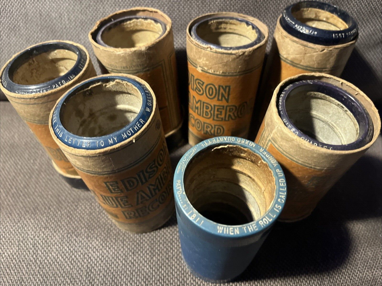Lot 8 Edison Blue Amberol wax Cylinder Records & tubes & caps AS IS Pls read