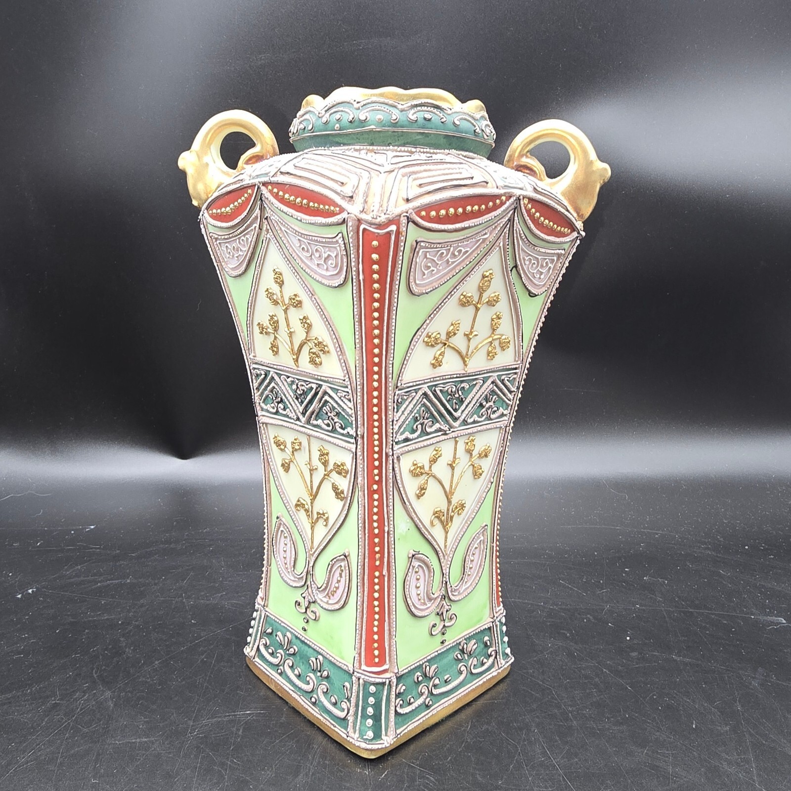Antique Noritake Nippon Moriage Vase 10.5” Twin Handled Art Nouveau Square 1920 Antique Noritake Nippon Moriage Vase 10.5” Twin Handled Art Nouveau Square 1920