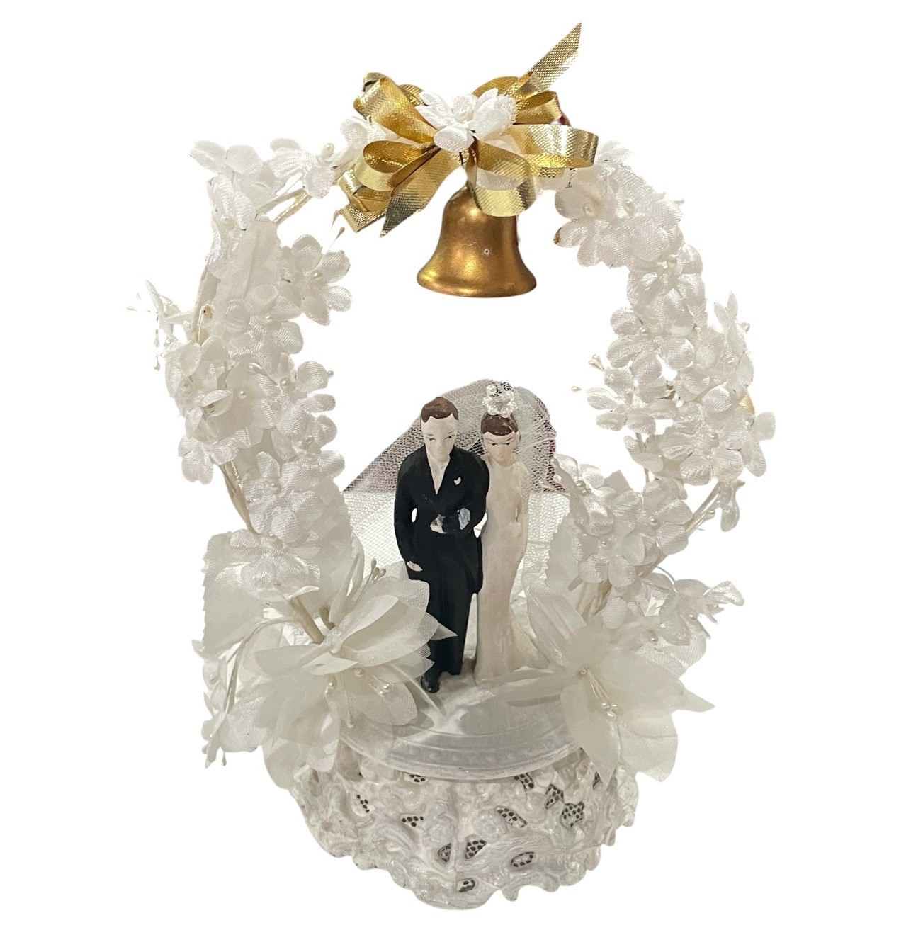 Vintage 1940s Bride & Groom Wedding Cake Topper on Sugar Base Arch Bell Flowers