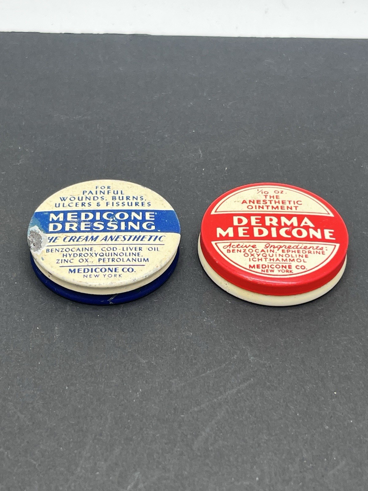 2 Antique Sample Anesthetic Ointment Tin Advertisement Containers Medicone Salve