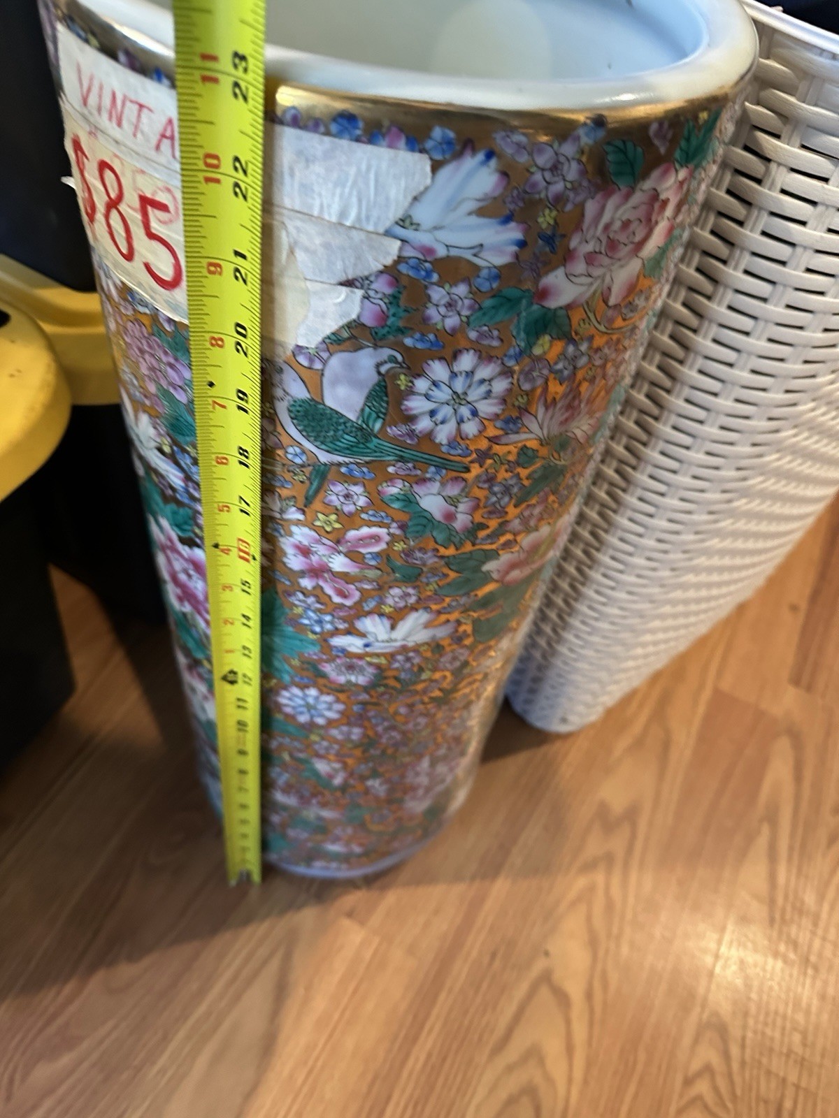 This is a vintage Chinese porcelain vase or umbrella stand