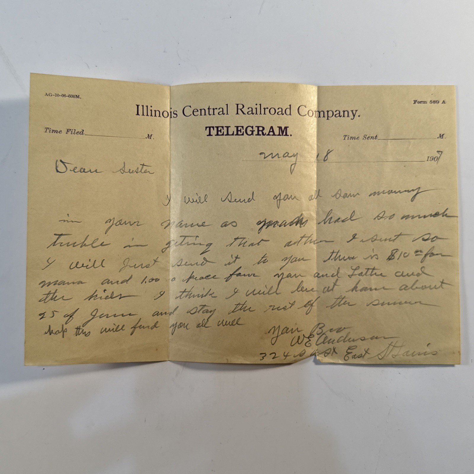 1907 Illinois Central Railroad Telegram Handwritten Letter East St Louis