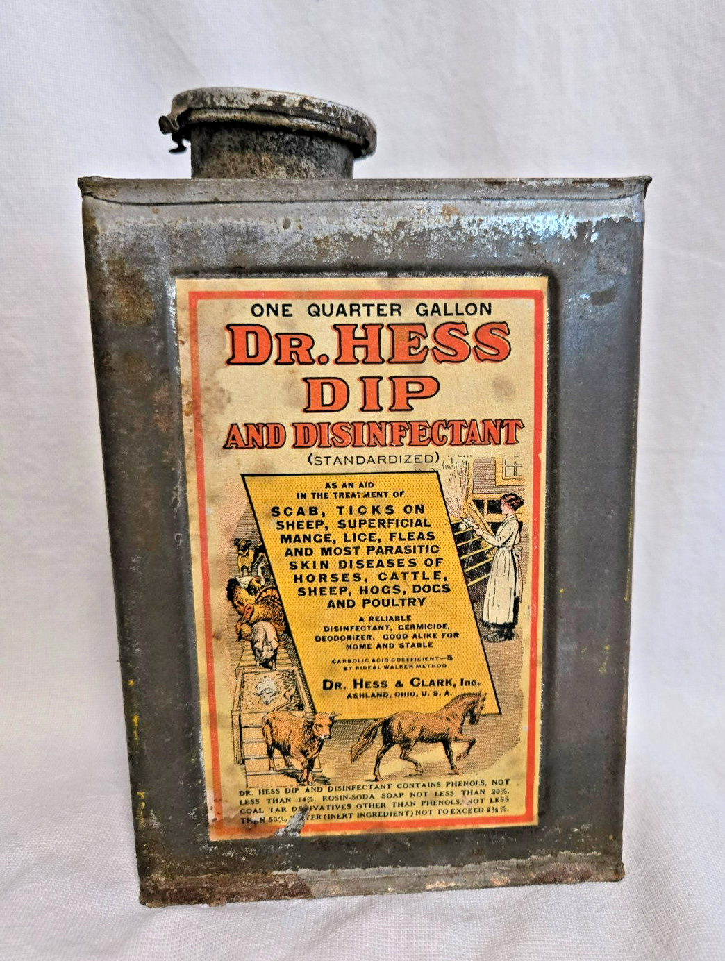Vintage Veterinarian Dr. Hess Dip & Disinfectant Medical Tin Metal Advertising
