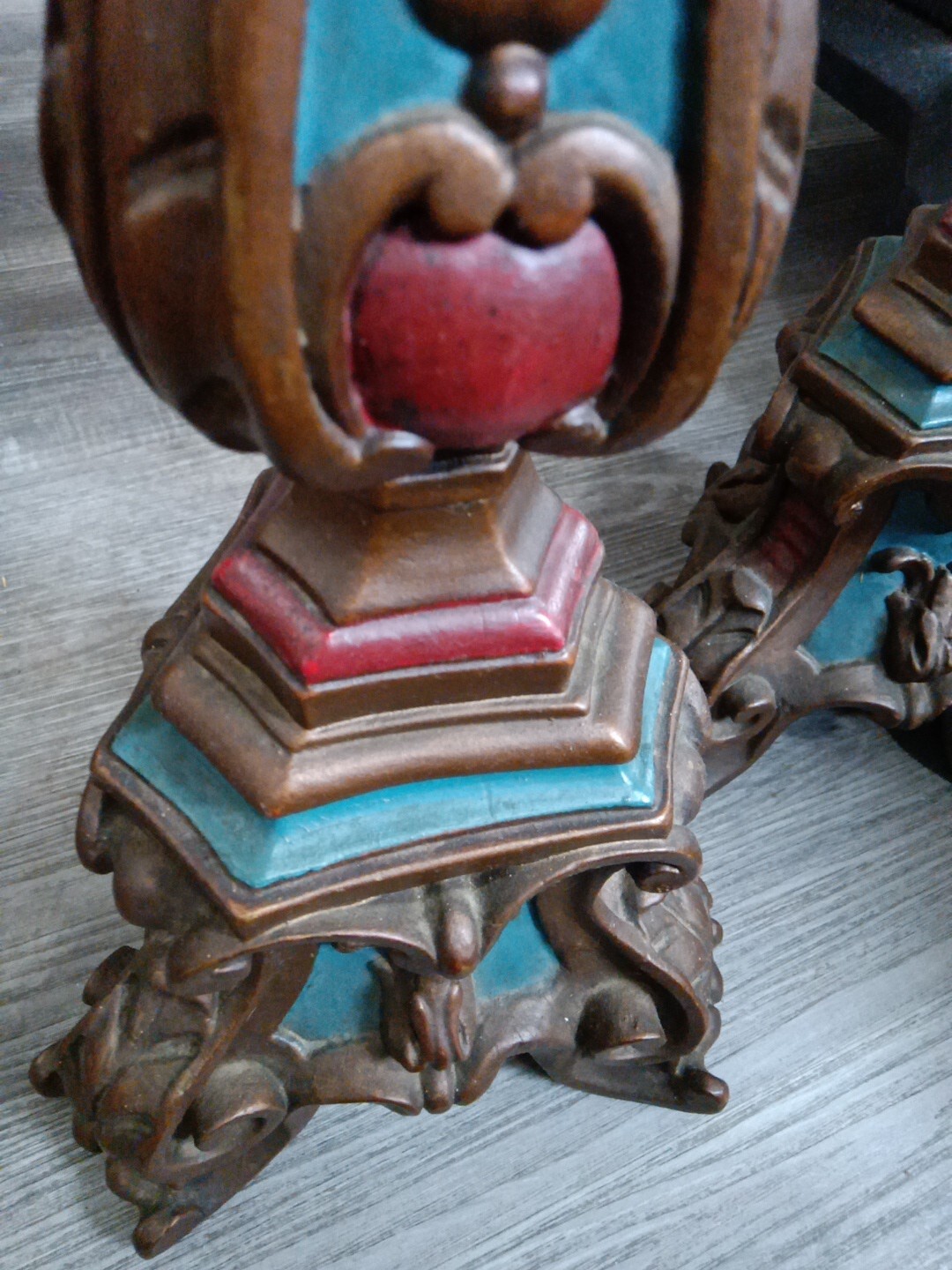 French Canadian Antique Blue Red Cathedral Candlesticks Rare
