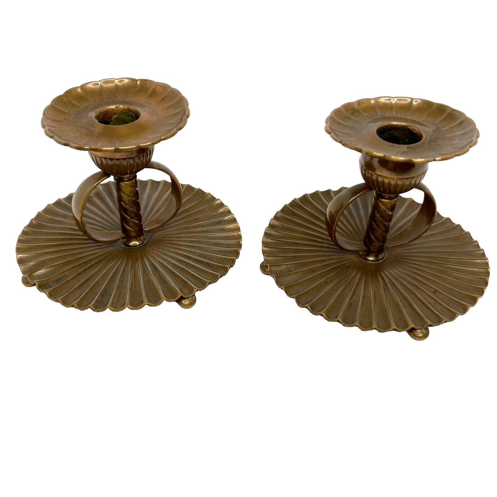 Antique 1882 Gorham Copper Fluted Chambersticks Pair Bun Feet Floral Candle Cups