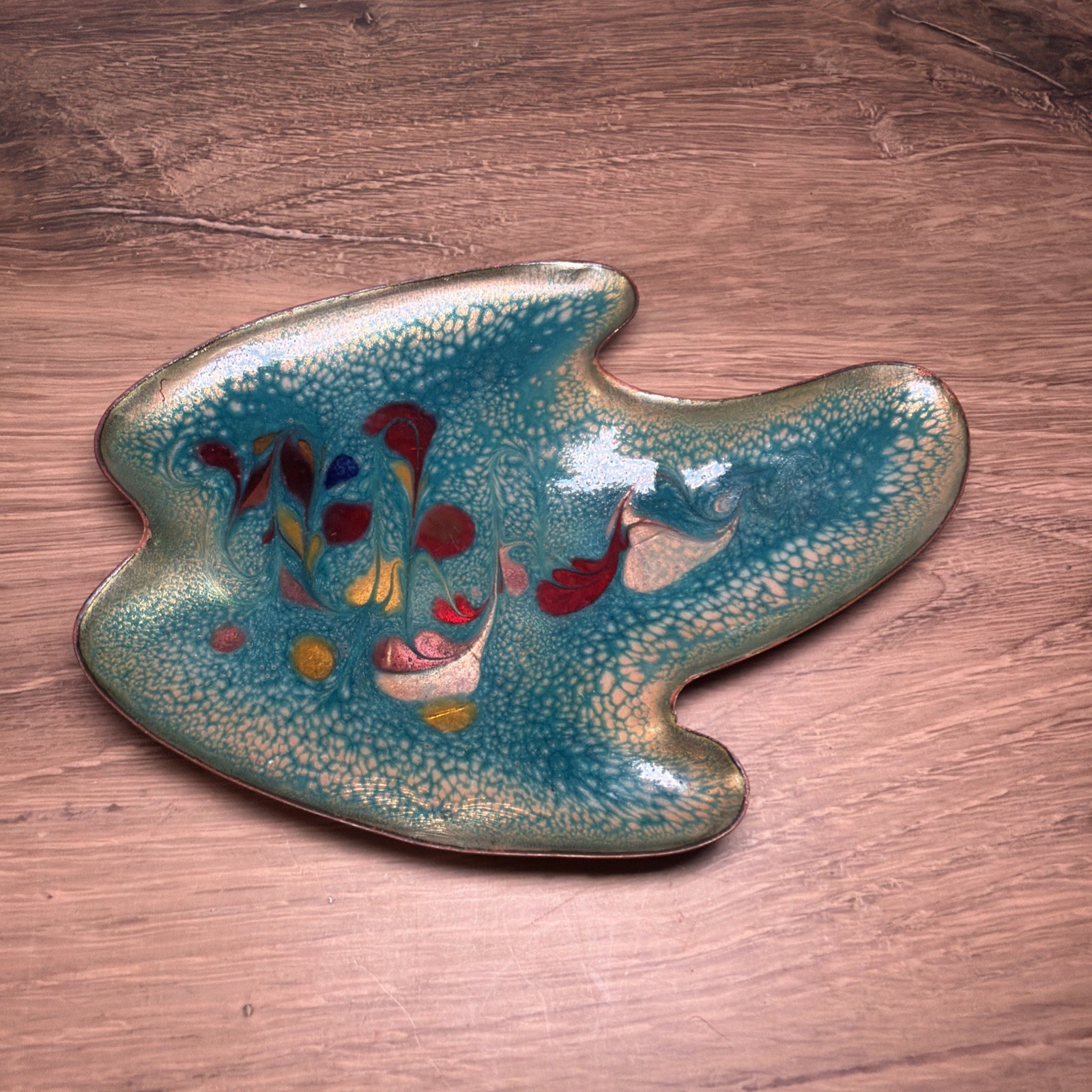 Vintage MCM Abstract Turquoise Enamel on Copper Confetti Freeform Bowl