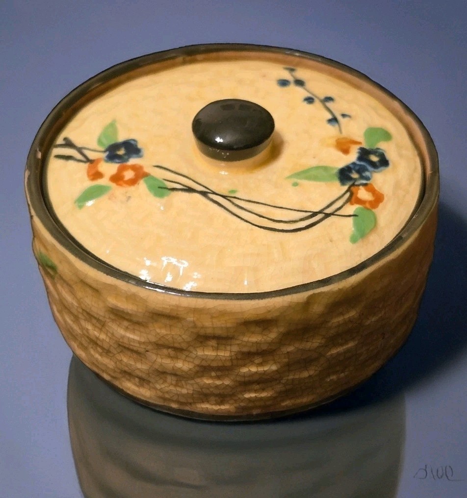 1920s Antique Basket Weave Japan Canister Porcelain Covered JAR Trinket Box Vtg
