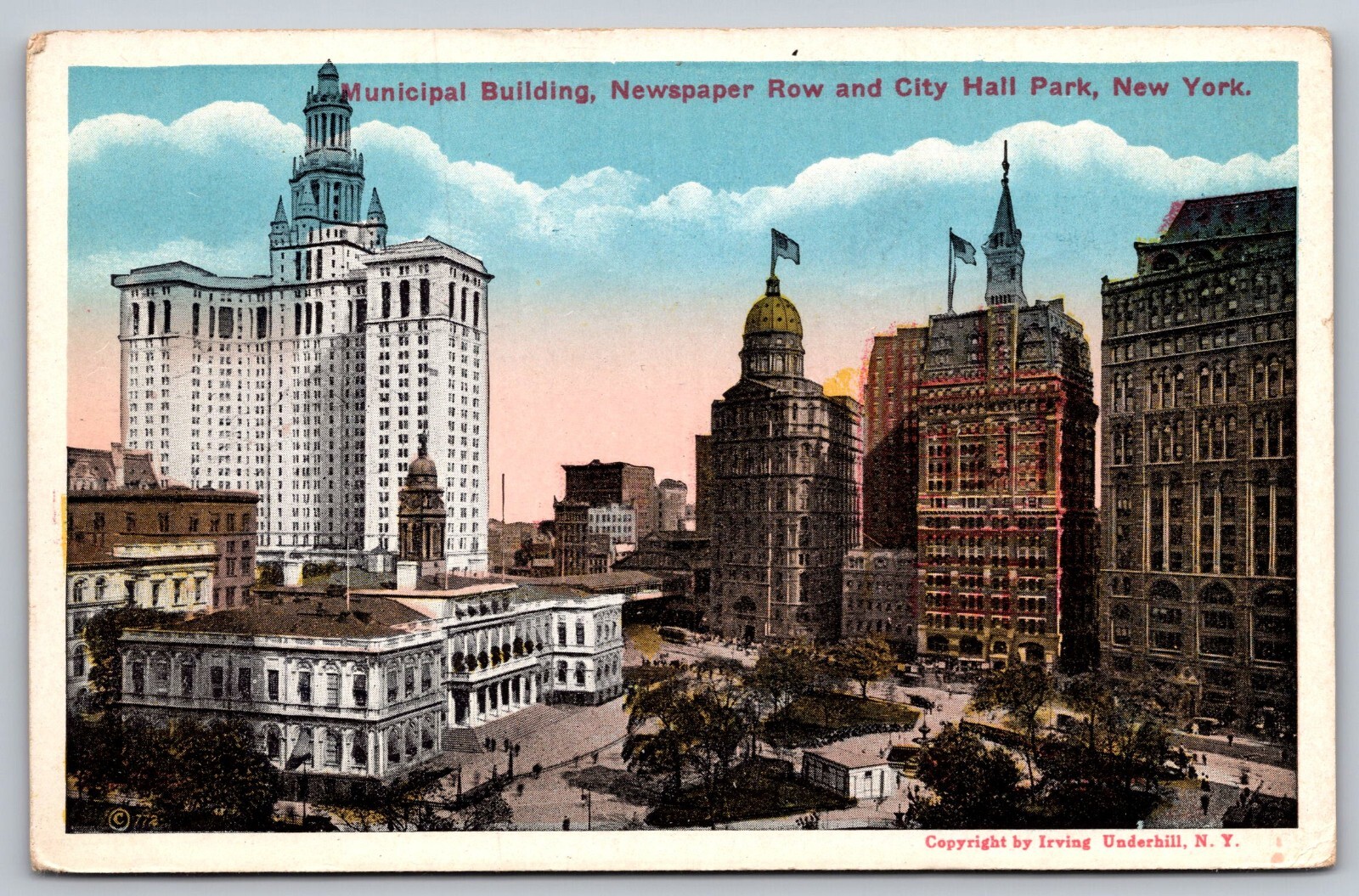 Municipal Building, Newspaper Row and City Hall Park, New York postcard