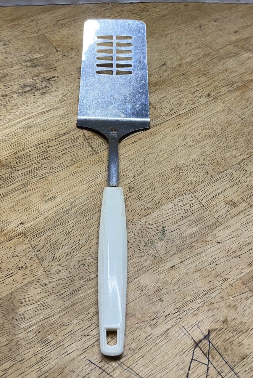 Vintage Foley USA Slotted Spatula With White Plastic Handle