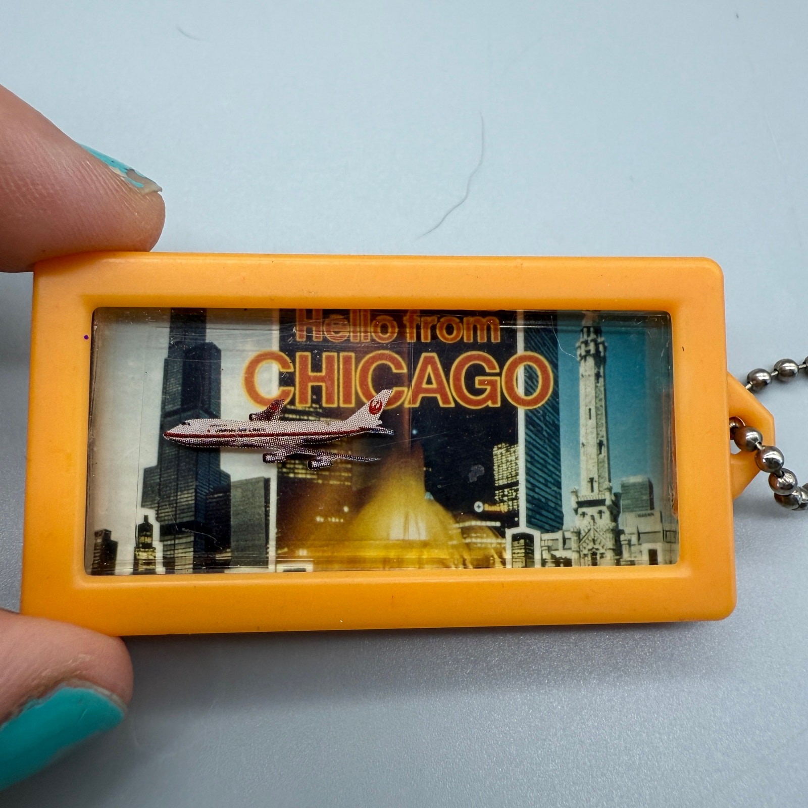Vintage Hello from CHICAGO Keychain Plane “moves” Souvenir  