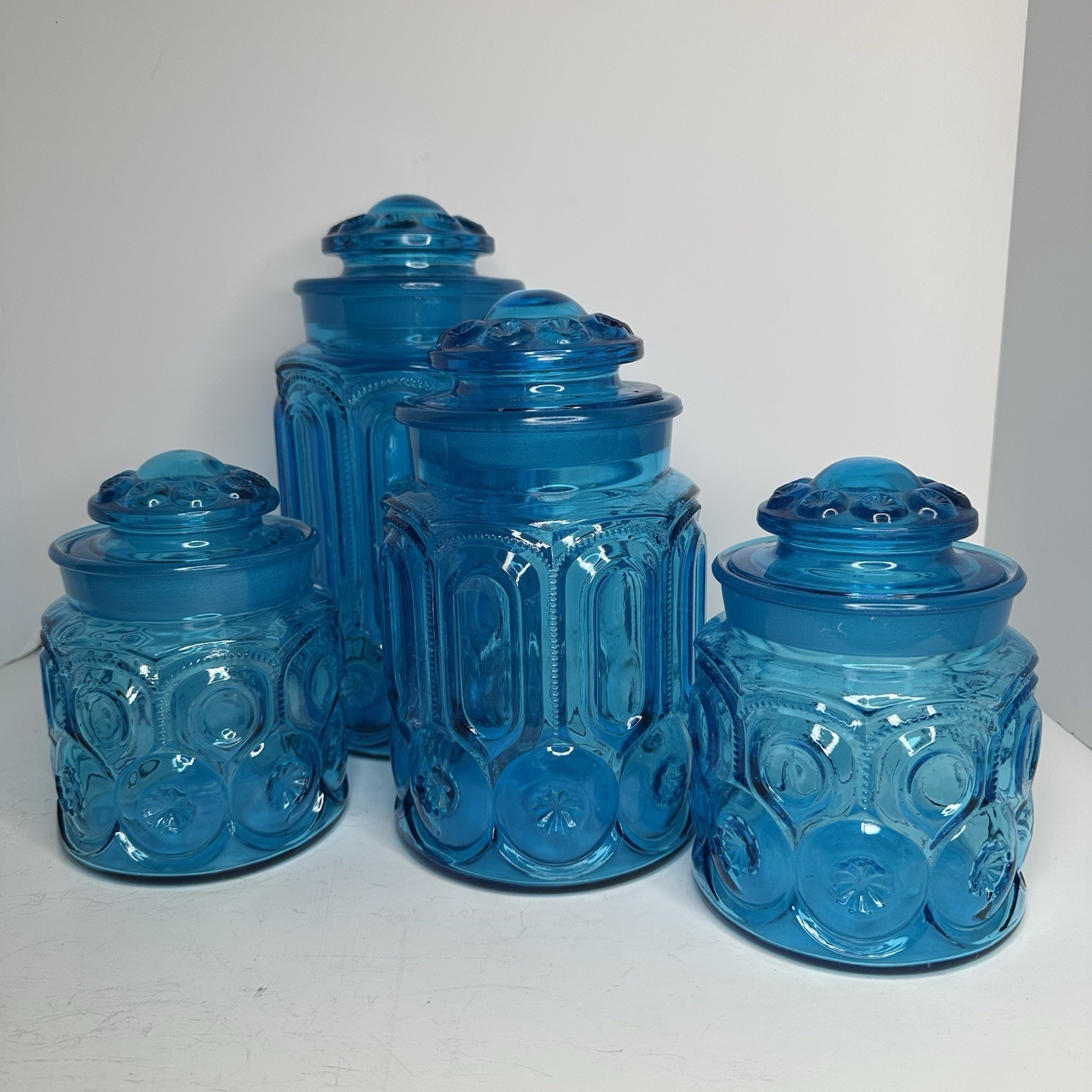 Vintage LE Smith Moon & Stars Colonial Blue Glass 4 Pcs. Canister Set