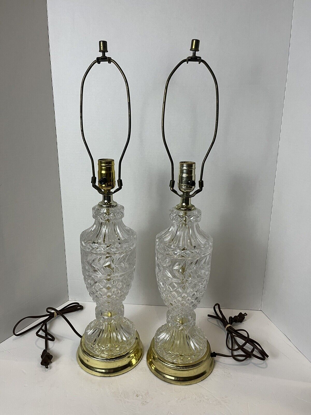 VINTAGE PAIR OF LEAD CRYSTAL TABLE LAMPS WITH BRASS BASE AND TRIM -26” INCHES