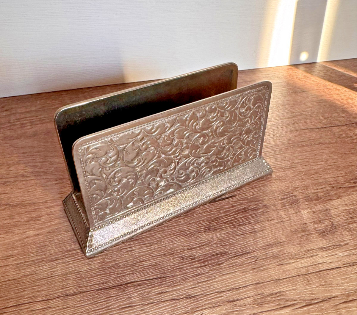 Vintage Lovely Silver Tone Metal Napkin or Letter Holder - Floral Design