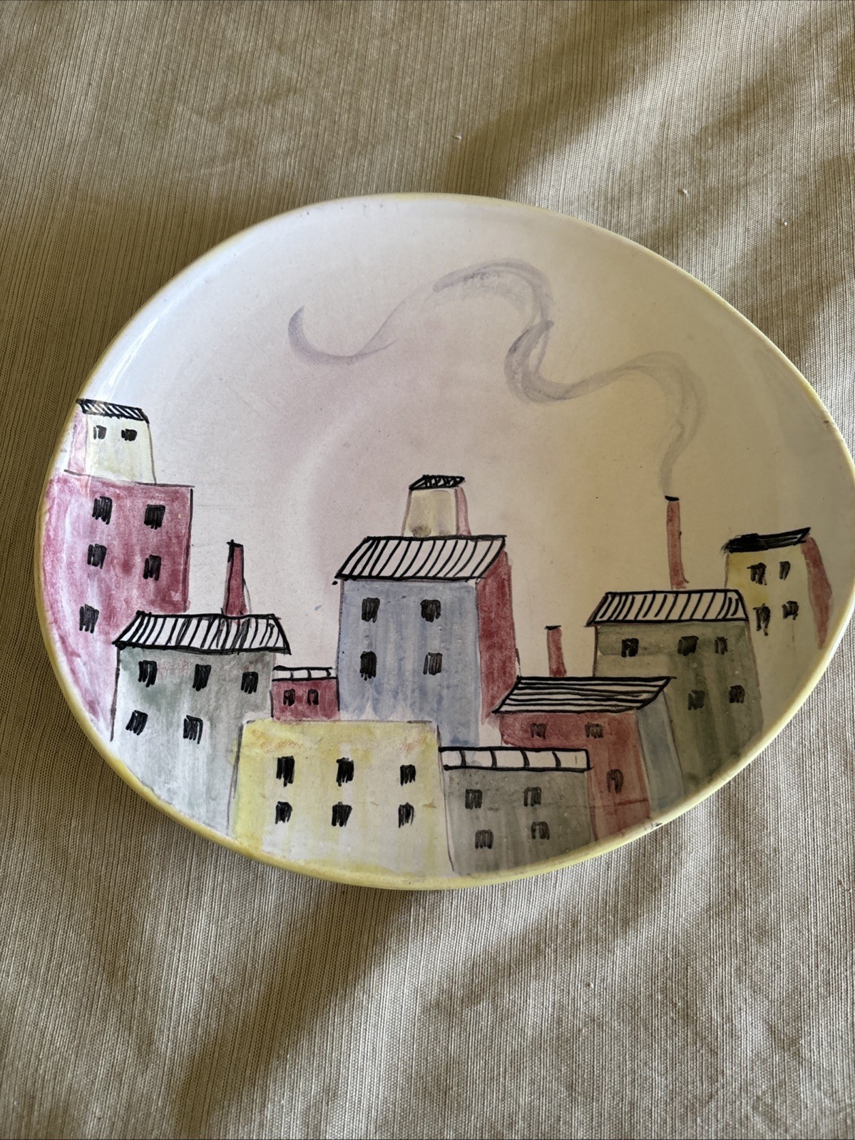 1950s Ulmer Keramik German Ceramic Plate Cityscape 9.5” Porsche 356