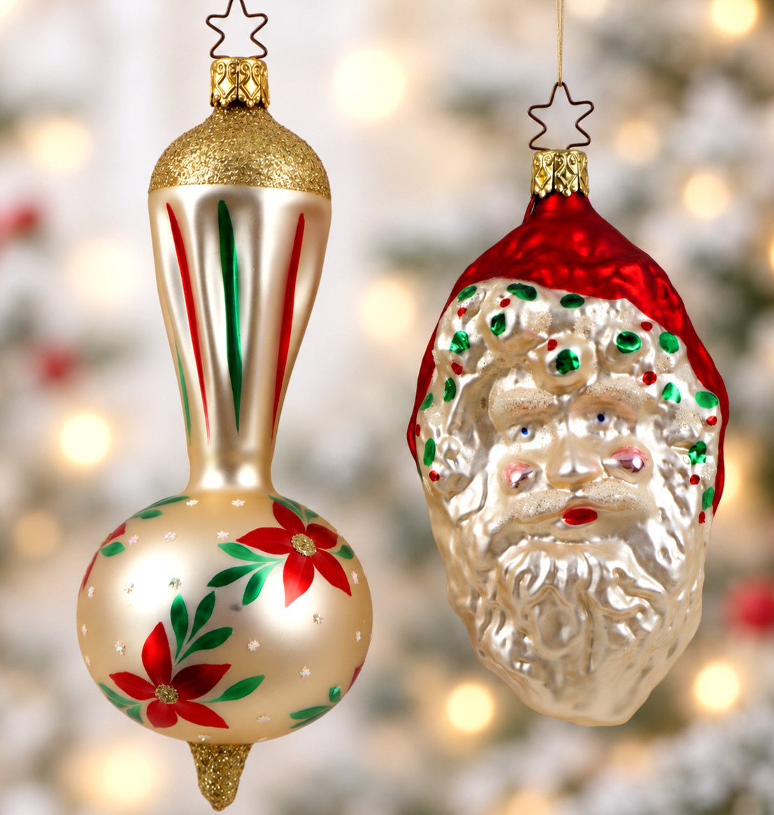 vtg INGE-GLAS OWC Old World Christmas glass ornaments Santa Head Poinsettia drop