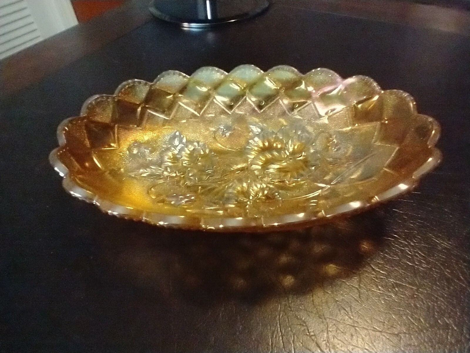 Imperial Glass Oval Bowl Pickle Dish Marigold Carnival Quilted Scalloped Edge EX