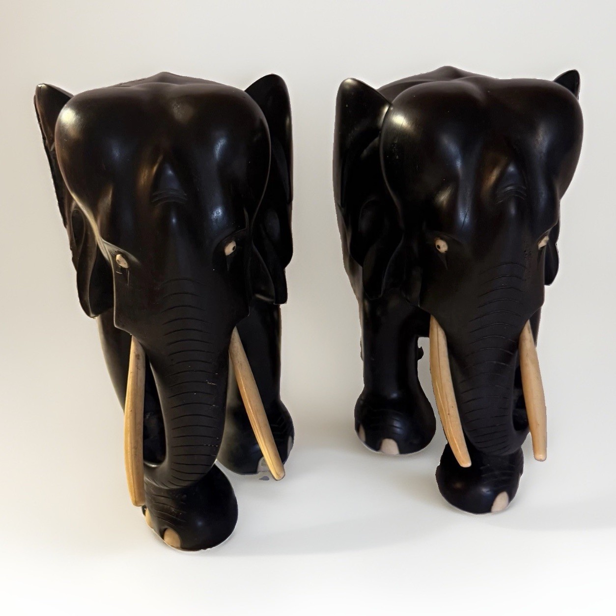 Large Pair Deco MCM Anglo Indian Ebony Elephants 11.5” H 23lbs