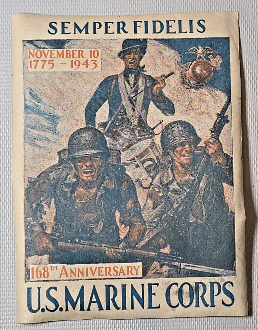 VTG 1943 USMC U.S. MARINE Corps Anniversary Semper Fidelis WW II Luggage Label VTG 1943 USMC U.S. MARINE Corps Anniversary Semper Fidelis WW II Luggage Label