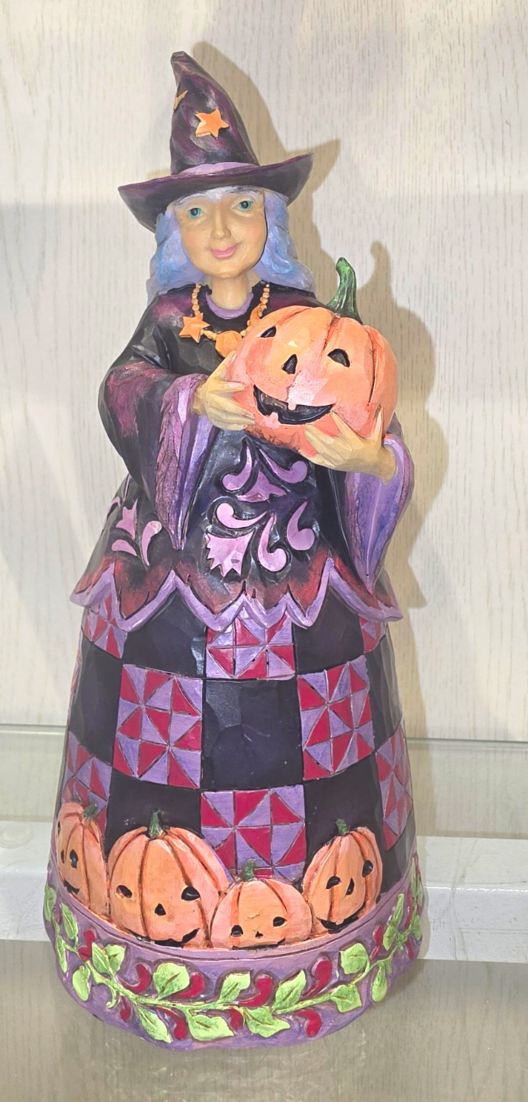 Halloween Witch Holding Jack-O-Lantern Pumpkin Figurine Hand Painted Resin