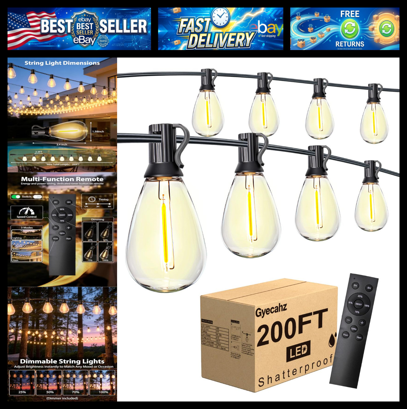 200FT Outdoor String Lights with 76+2 S11 LED Bulbs, Waterproof Dimmable Patio L