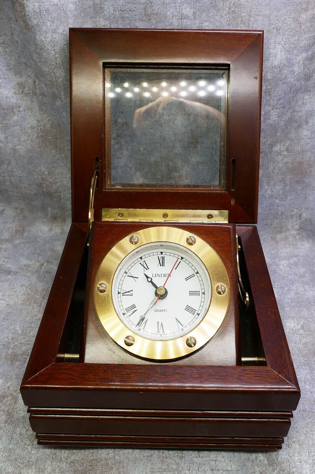 Linden Brass Desk Mantle Clock in Wood Box Tilts Open - Works