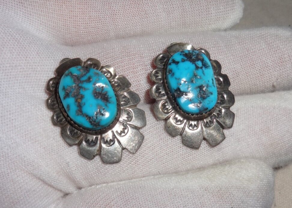 LAWRENCE OHMSATTE ZUNI 925 Silver Vintage Turquoise Drop clip on Earrings