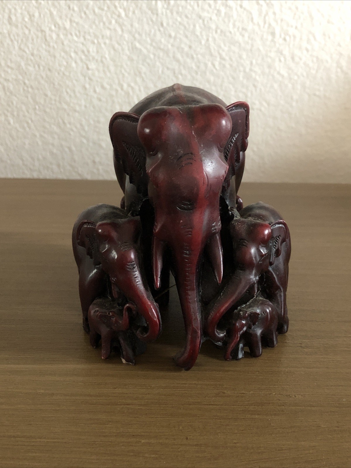 Family of 7 Vintage Hand Carved Wooden Elephant Figurines, Folk Art, Small Fl