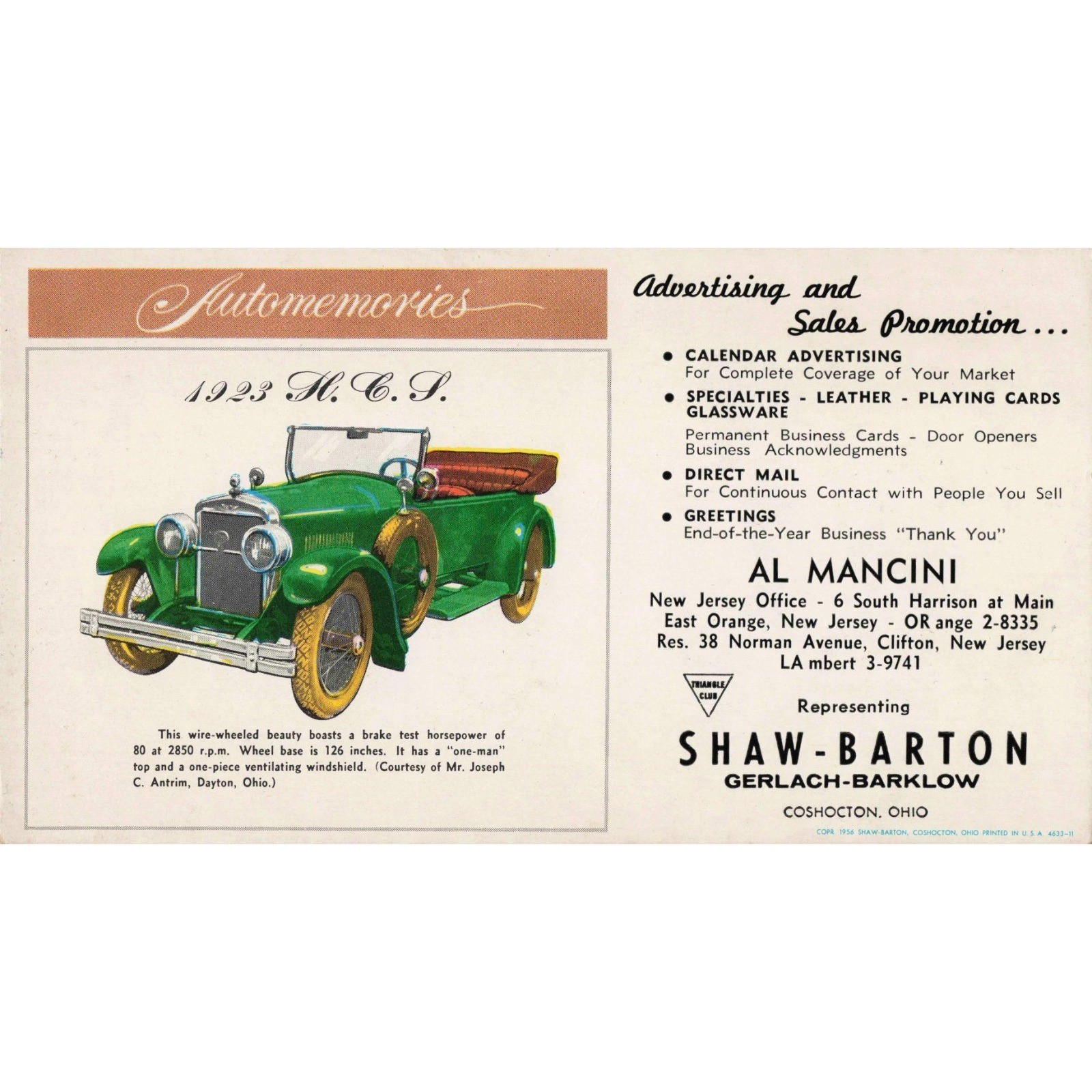 Vintage 1956 Shaw-Barton Automemories Blotter 1923 HCS Car Al Mancini NJ