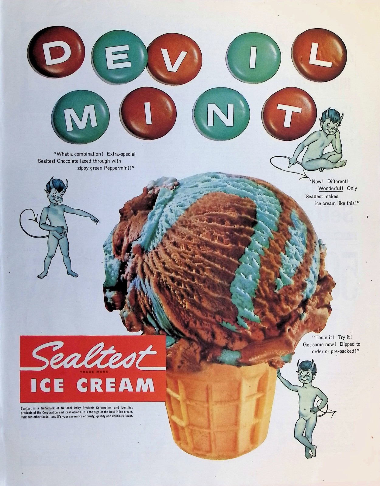 Original 1954 Sealtest Ad: Devil Mint Chocolate Peppermint Ice Cream Cone Art