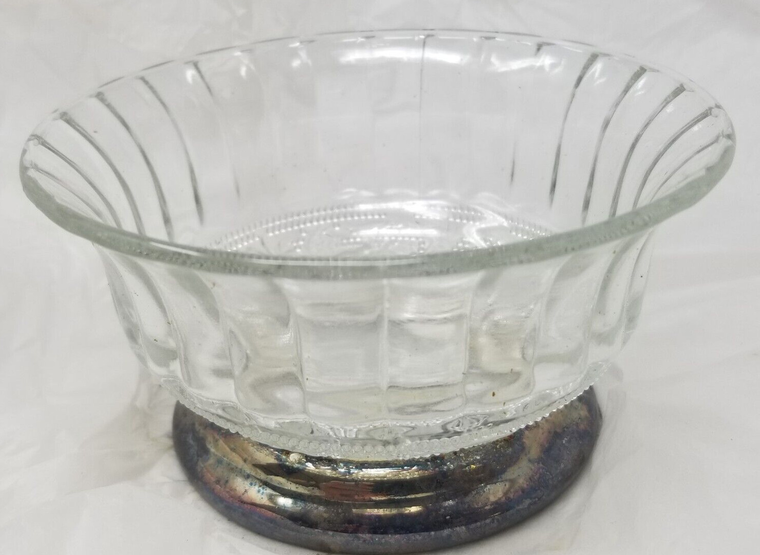 Sunburst Pedestal Bowl Crystal Silverplate Beaded Small Vintage